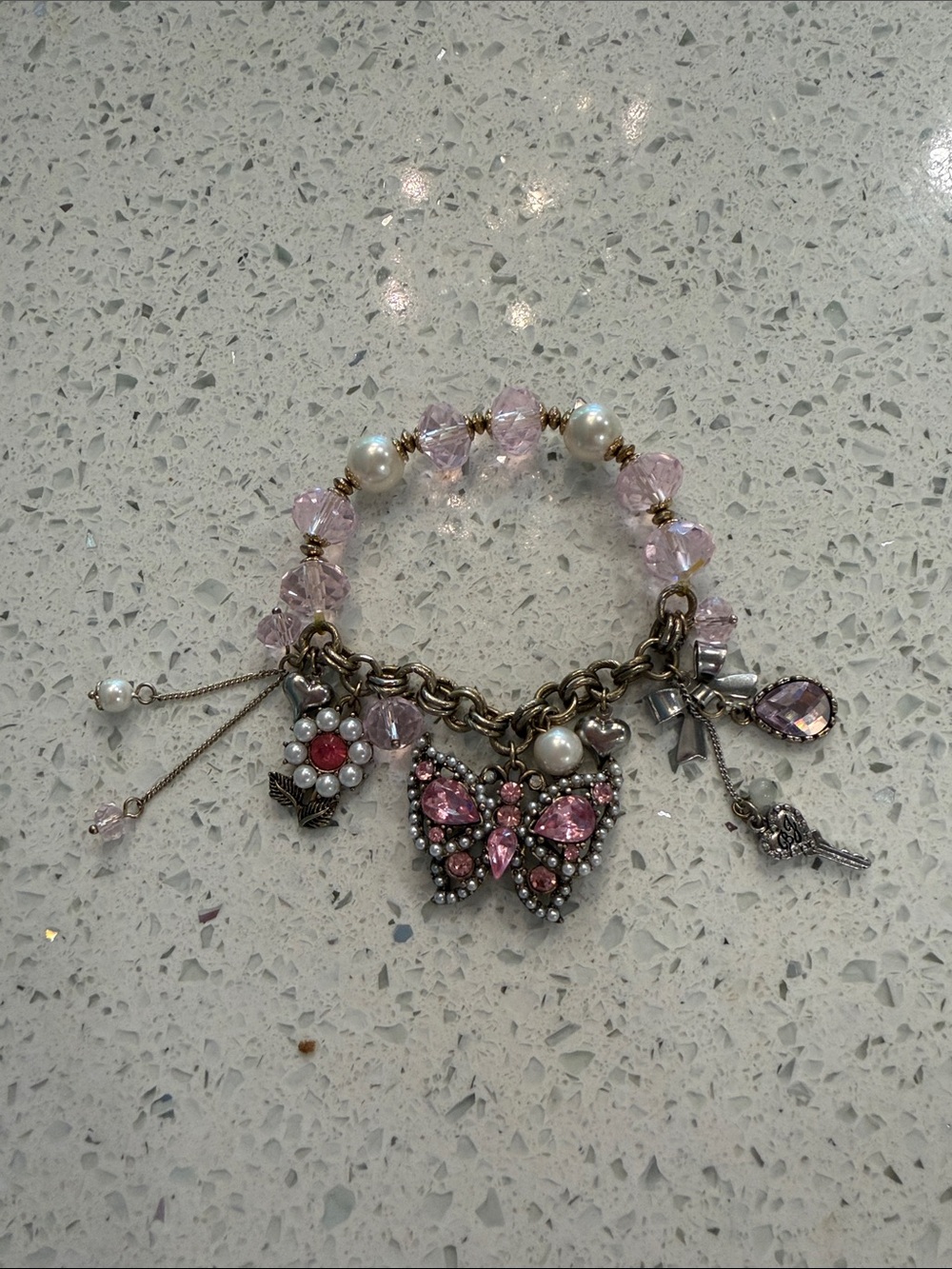 Betsey Johnson Pink Crystal & Pearl Butterfly Charm Bracelet